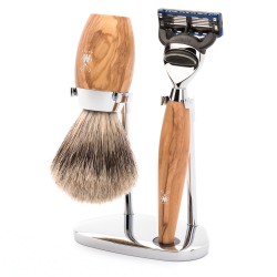 Set de barbierit cu aparat de ras compatibil Gillette Fusion si pamatuf Fine Badger cu par de bursuc si maner din lemn de maslin KOSMO S 281 H 870 F