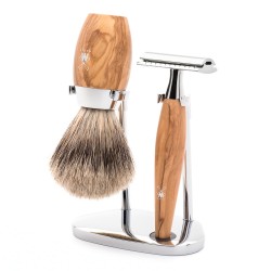 Set de barbierit cu aparat de ras clasic si pamatuf Fine Badger cu par de bursuc si maner din lemn de maslin KOSMO S 281 H 870 SR