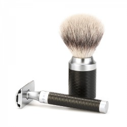 Set de barbierit cu aparat de ras clasic Safety Razor si pamatuf Silvertip Badger cu par de bursuc si maner din otel  Muehle Rocca S 091 M 96 SR
